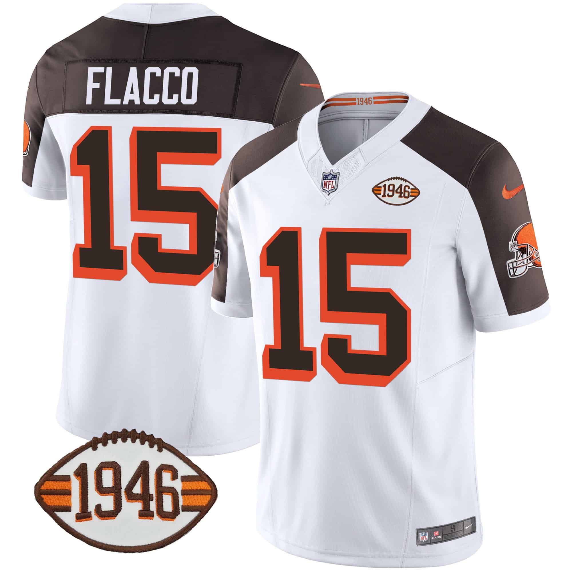 Men Cleveland Browns 15 Flacco White 1946 75th Anniversary Patch 2024 Nike NFL Jersey style 1